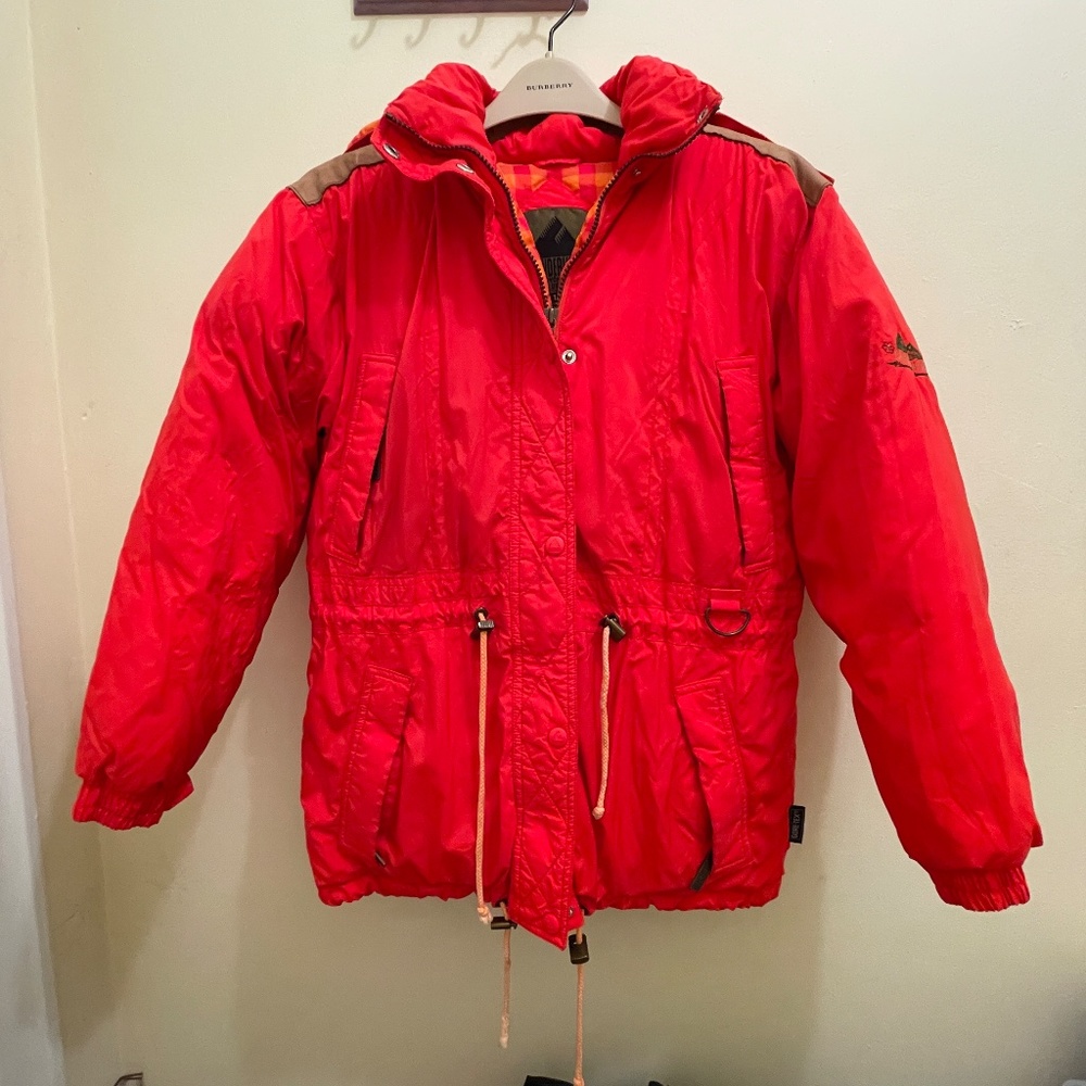 Powderhorn Vintage Down Ski Jacket Coat with leather accent, orange red, size 14
